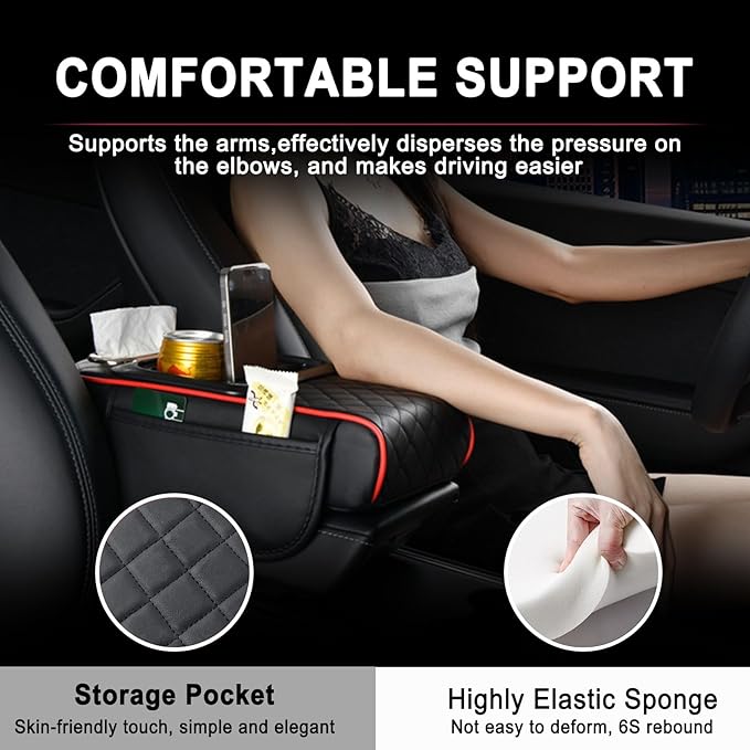 Car Armrest Storage Box for Lincoln Nautilus 2019-2024, Center Console Organizer with Side Pocket, Ergonomic Memory Foam Armrest Cushion, Car Elbow Support Pad,G Orange