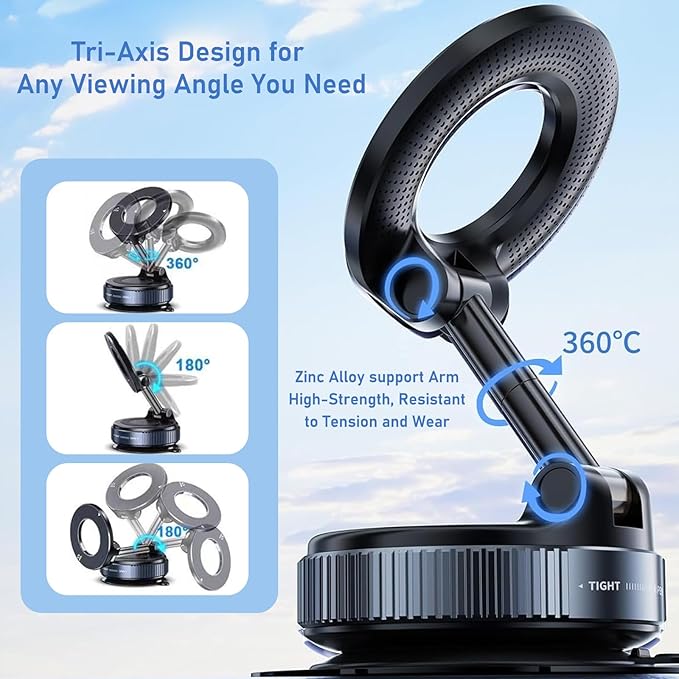 Vacuum Magnetic Car Phone Holder for Magsafe[80+LBS Strongest Suction & 2400gf Magnetic], 360° Adjustable Magnetic Car Phone Mount, Phone Holder for Your Car/Gym/Shower for iPhone&Android