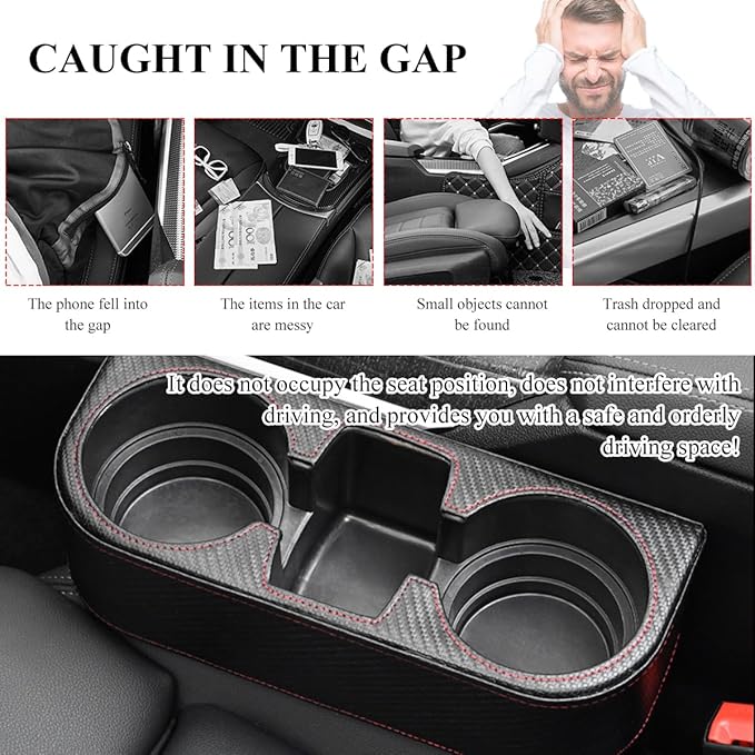 Car Cup Holder Gap Filler Organizer, Multifunctional Auto Front Console Gap Filler with Cup Holder, Leather Extra Cup Holder Storage Box for Car Truck SUV, Car Accessories (Carbon Fiber)