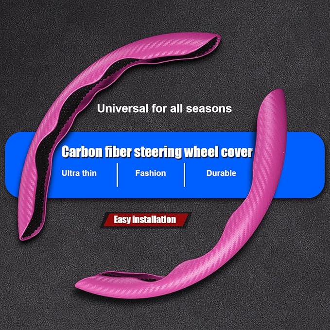 Car Steering Wheel Cover, Carbon Fiber PU Leather Segmented Steering Wheels Protector, Breathable Anti Slip Durable Auto Interior Accessories for Women Men (Carbon Fiber Pink)