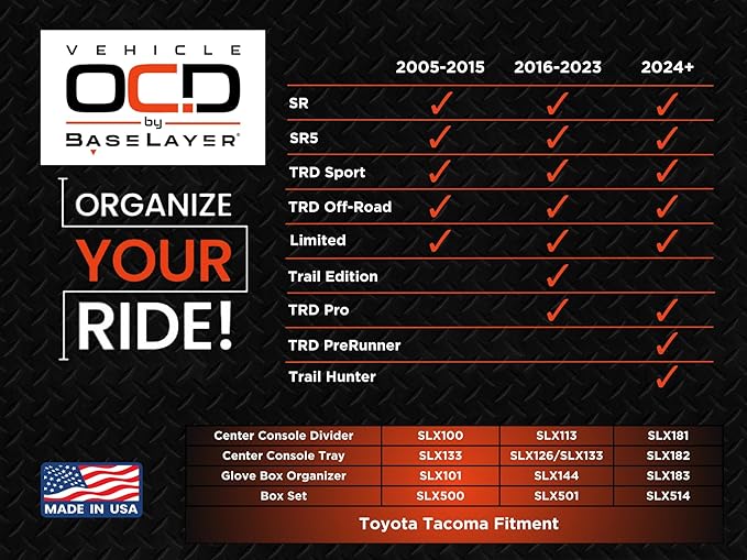 Vehicle OCD – Center Console Divider, Tray, and Glove Box Organizer for Toyota Tacoma (2024-2026) – Made in USA - (NOT for Tacoma i-FORCE MAX hybrid) - SLX514
