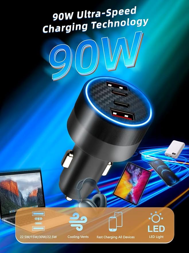 [4 in 1] USB C Car Charger 90W Max Super Fast Charging Adapter,4-Port PD PPS Car Charger Dual USB-C (30W+15W) & Dual 22.5W USB-A Ports for iPhone17/16/15/14, Samsung Galaxy,iPad,Laptop