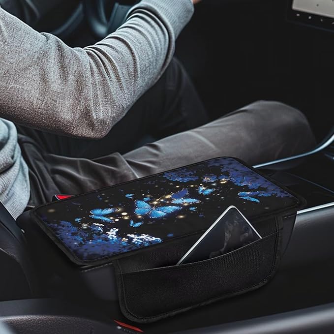 Dreaweet Car Armrest Cover Pad Blue Butterfly Flower Print Center Console Covers with Pockets for Car SUV Truck Sedan,Universal Washable Arm Rest Cover for Car