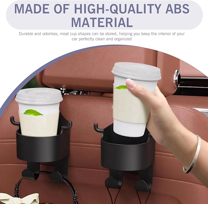 Eratus 2 PCS Car Seat Headrest Organizer, 3-in-1 Cup Holder Cell Phone Bracket Hanging Storage Hooks, Portable and Hands Free Multi-Function Hook, for Most Cars Backseat Accessories (Black)