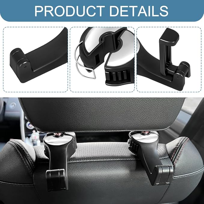2PCS Car Headrest Hidden Hook, Bag Holder for Car, 2 in 1 Auto Seat Hooks with Phone Holder, 360° Rotation Adjustable Vehicle Back Seat Storage Hanger for Purses and Bags (Silver)