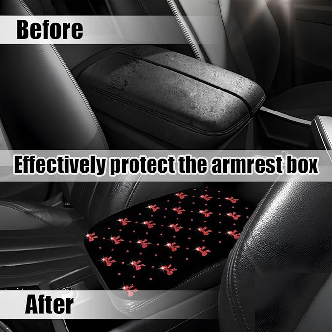 Car Center Console Cover, Waterproof Leather Bow Ribbon Vehicle Arm Rest Pad, Comfortable Automotive Interior Seat Box Armrest Protection Cushion Accessories, Universal Fit (Red)