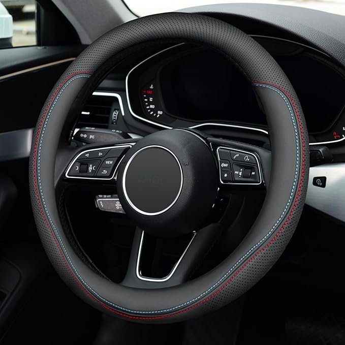 Nappa Premium Leather Steering Wheel Cover, Non-Slip, Breathable, Universal 14.5-15 inch Car Steering Wheel Protector for Women Men, Anti-Slip, Black