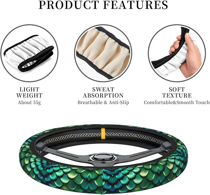 Neoprene Steering Wheel Cover Bright Green Pastel Mermaid Scales Car Steering Wheel Cover Universal Fit for Most Cars