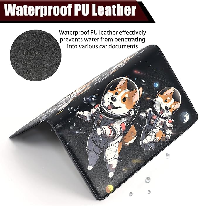 Car Registration and Insurance Holder, PU Leather Auto Document Holder for Men&Women, Vehicle Glove Box Compartment Organizer with Magnetic Shut for Driver's License, Space Astronaut Corgi Dog