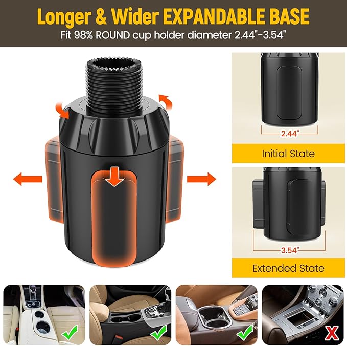 Cup Holder Expander Adapter - | Adjustable | Expandable Base for Car, Easkkty All Purpose Car Cupholder Extender with Rubber Fits Most 24/32//40oz Large Water Bottles & Mugs & Foods
