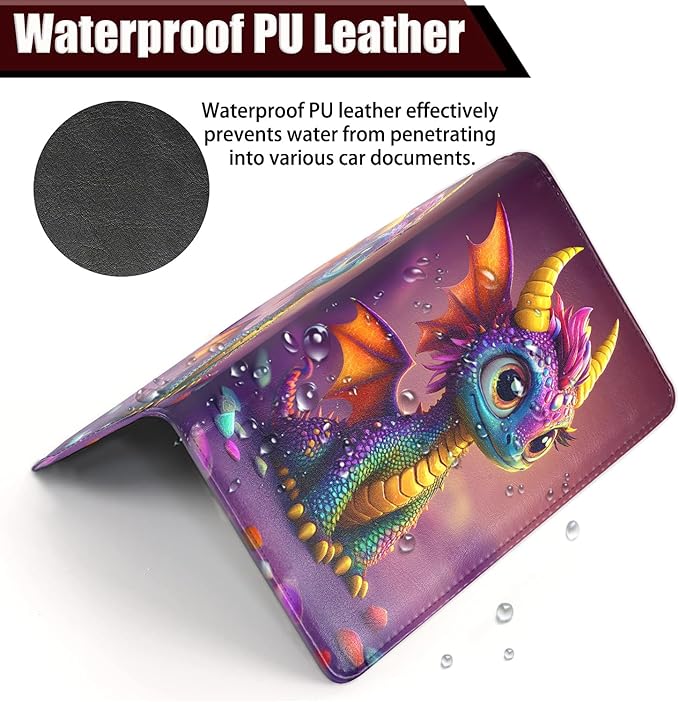 Car Document Holder with Magnetic Shut, Car Registration and Insurance Card Holder, Vehicle Glove Box Organizer Documents, Driver License, Auto Paperwork Organizer Wallet, Colorful Baby Dragon Pattern
