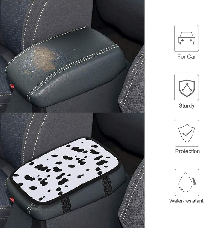 Black and White Spotted Car Center Console Cushion Pad,Waterproof Armrest Seat Box Cover Protector,Comfortable Car Decor Accessories Fit for Most Cars, Vehicles, SUVs