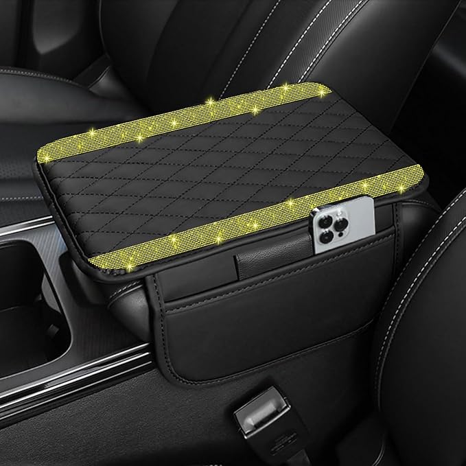 Bling Car Center Console Cover, Leather Car Arm Rest Cover Cushion with 2 Storage Bags, Universal Auto Armrest Protector Storage Box, Bling Accessories Interior for Most Vehicles (Yellow Diamond)