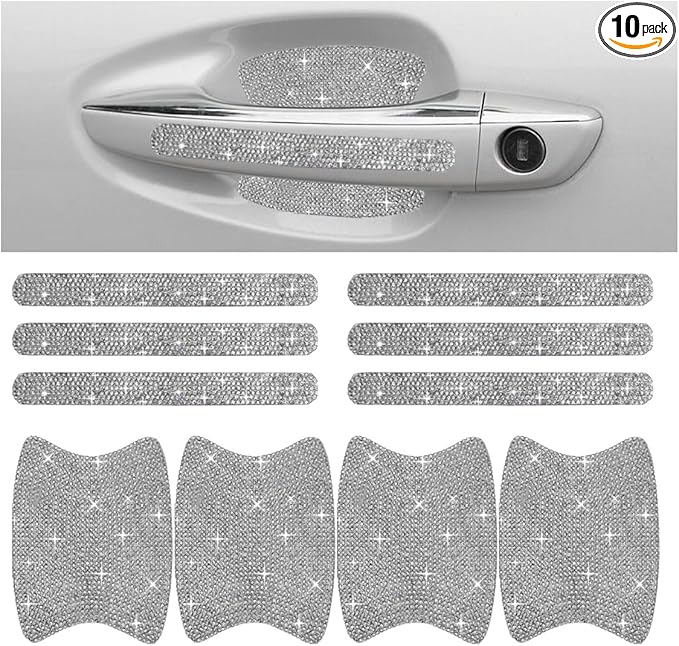 Bling Car Door Handle Protector, Bling Auto Doors Handles Sticker Anti-Scratch, Universal Car Door Handle Protective Cover, Shiny Rhinestone Auto Decor Accessories for Women (White)