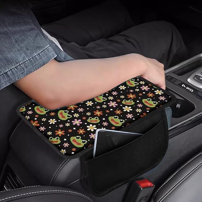 Dreaweet Car Center Console Cover with Pockets Frog Car Accessories,Universal Comfortable Arm Rest Cover Pad for Truck Car SUV,Cute Car Armrest Cover for Women