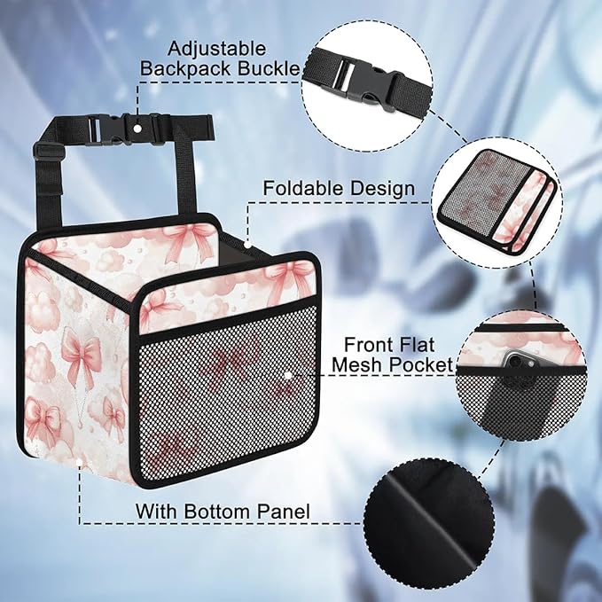 Pink Bows Clouds Car Backseat Organizer PU Leather Automotive Back Seat Storage Bag Universal Hanging Garbage Box Travel Accessories Foldable