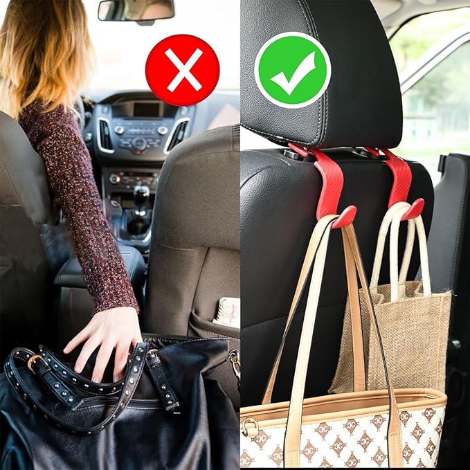 Car Seat Headrest Hook, 4 Pack Auto Seat Hanger Storage Organizer for Purse Handbag Coats Grocery Bags, Car Interior Accessories, Universal Vehicle Backseat Plastic Hanging Hook (Red)