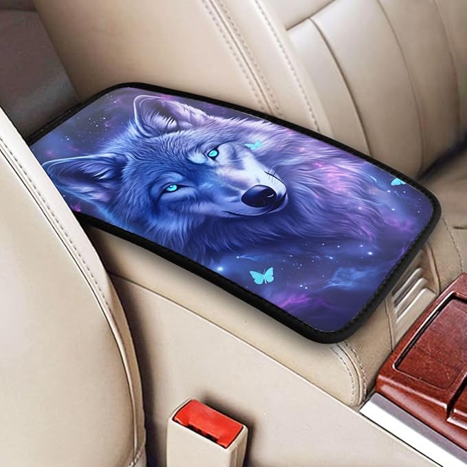 Universal Car Center Console Cushion Pad, Purple Wolf Butterfly Soft Waterproof Car Center Console Cover Auto Armrest Seat Box Cover Protector for Most Vehicle SUV Truck Car
