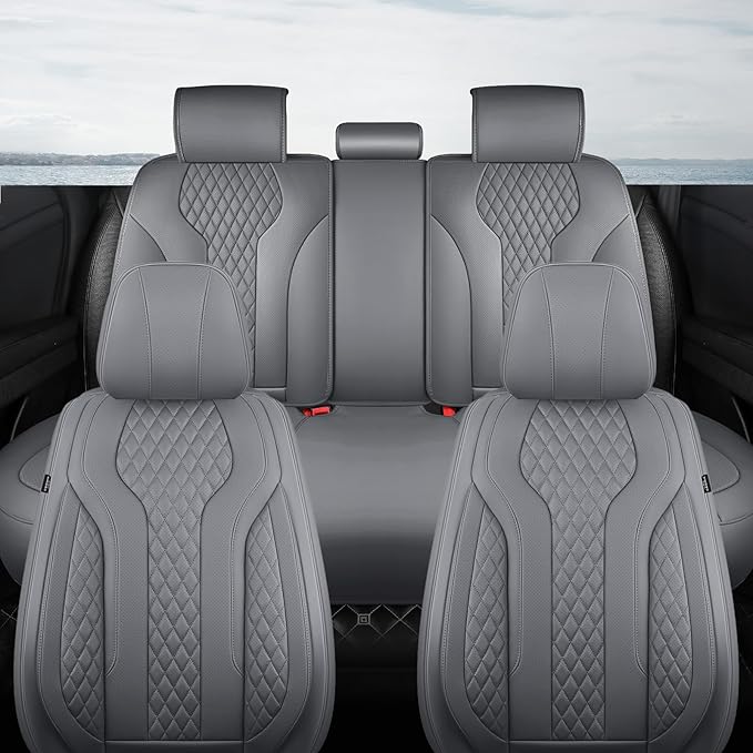FEINEPRO Leather Car Seat Covers Full Set, Breathable Faux Leather Seat Covers for Cars SUV Sedan Waterproof Grey