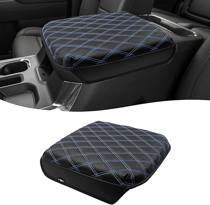 KBH Center Console Armrest Cover for Chevy Silverado GMC Sierra 2019-2026, Tahoe Suburban Yukon 2021-2026, Bucket Seat, Vinyl Leather Trim, Anti-Scratch, Black-Blue Stitch