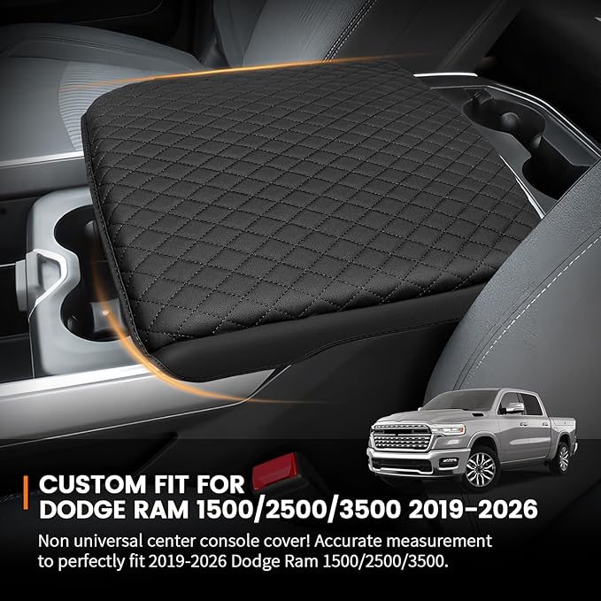 Custom for Center Console Cover 2019-2024 2025 2026 Dodge Ram 1500/2500/3500 Armrest Cover Accessories PU Leather Armrest Seat Box Cover Protector (Bucket Seat Only)