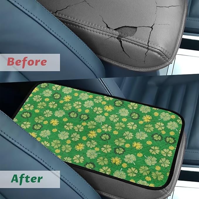 Bulopur St. Patrick's Clover Arm Rest Cover Car Flannel Center Console Cover Easy to Install Car Decor Accessories Auto Armrest Console Cover for Most Vehicle, SUV, Truck, Car