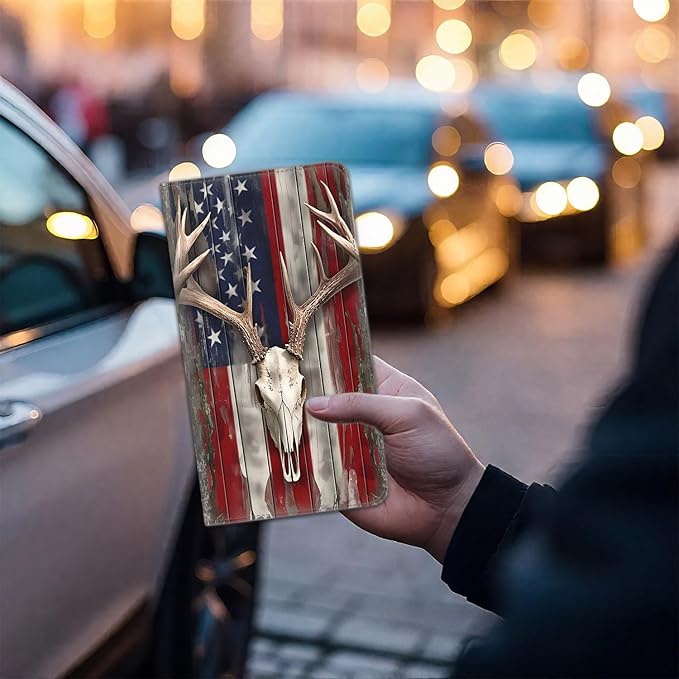 Car Registration and Insurance Card Holder for Women Men, Waterproof PU Leather Glove Box Car Organizer with Magnetic Shut, Vehicle Document Holder for Driver License,Cards, American Flag Deer Skull