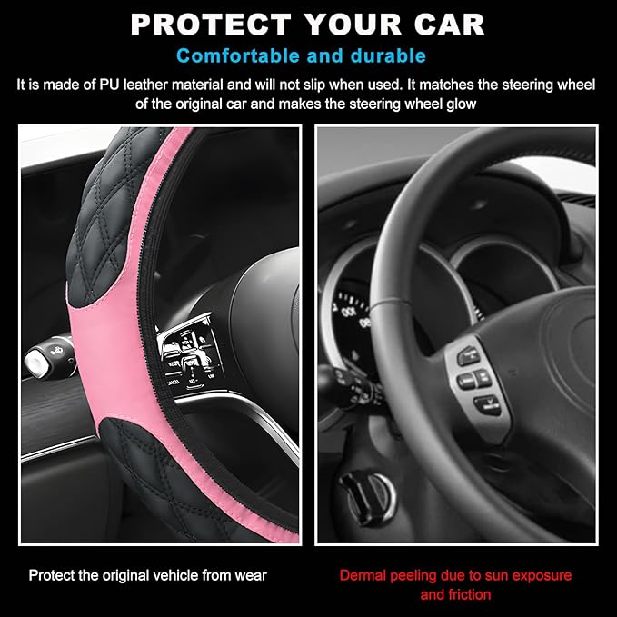 Car Steering Wheel Cover, 15 Inches Non-Slip Leather Car Steering Wheel Protector, Universal Steering Wheel Soft Cover Mats for Car Truck SUV, Interior Car Accessories (Pink)