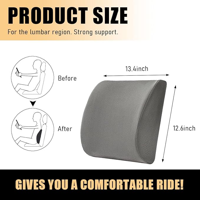 Lumbar Support Pillow, Memory Foam Back Support Cushion, Lumbar Pillow Improving Sitting Posture & Back Pain Relief Suitable for Car, Office Chair, Car Accessories (Gray)