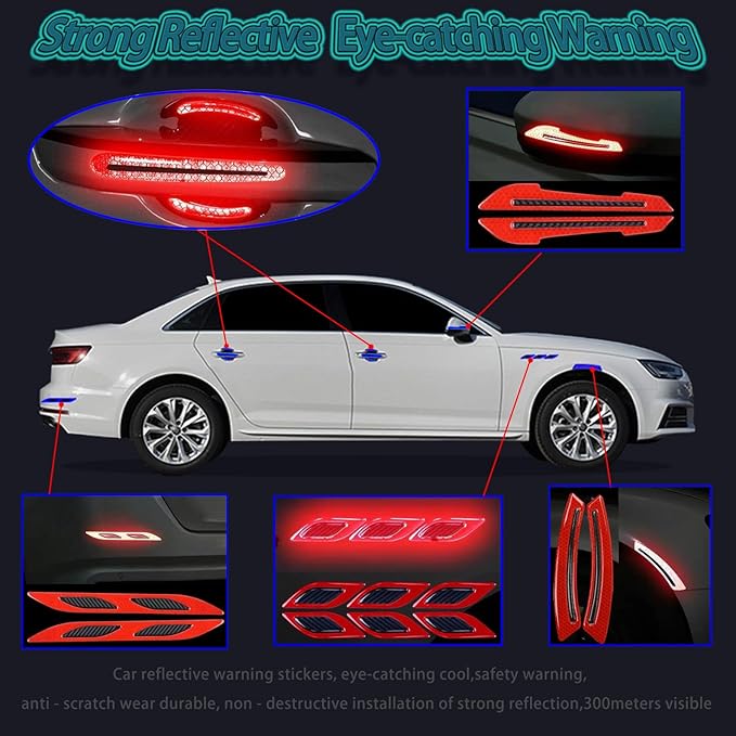 16 Piece Reflective Car Sticker Set Mirror Warning Sticker Car Door Handle Protector Reflective Self-Adhesive and Scratch Free Paint Protective Film (Red)