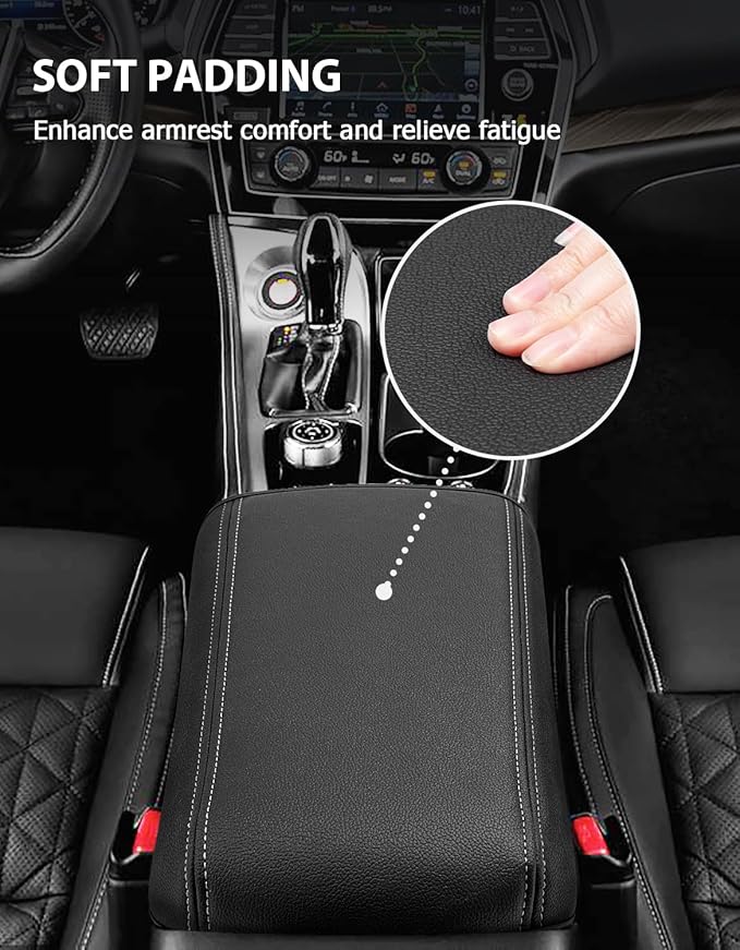 Center Console Cover for Nissan Maxima 2016 2017 2018 2019 2020 2021 2022 2023, Vinyl Leather Middle Console Protector Pad, Armrest Lid Covering, Anti-Scratch, Black-Beige Stitching