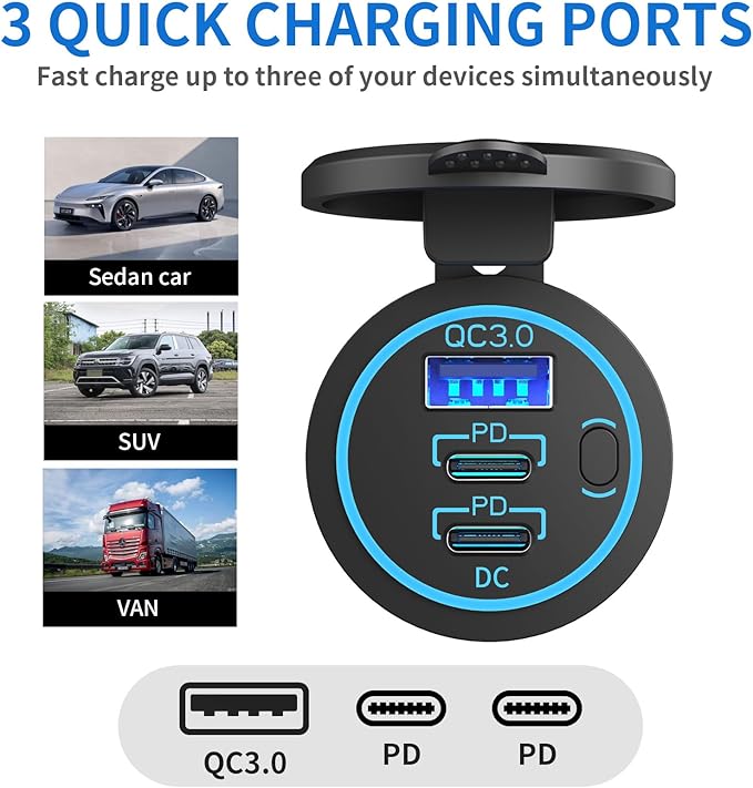 2 Pack USB C Car Charger Socket 12V USB Outlet, 78W Dual 30W PD and 18W QC3.0 Multi Port Cylinder Charger with Button Switch Waterproof for Car Boat RV Marine Golf Cart Truck Bus Motor etc.
