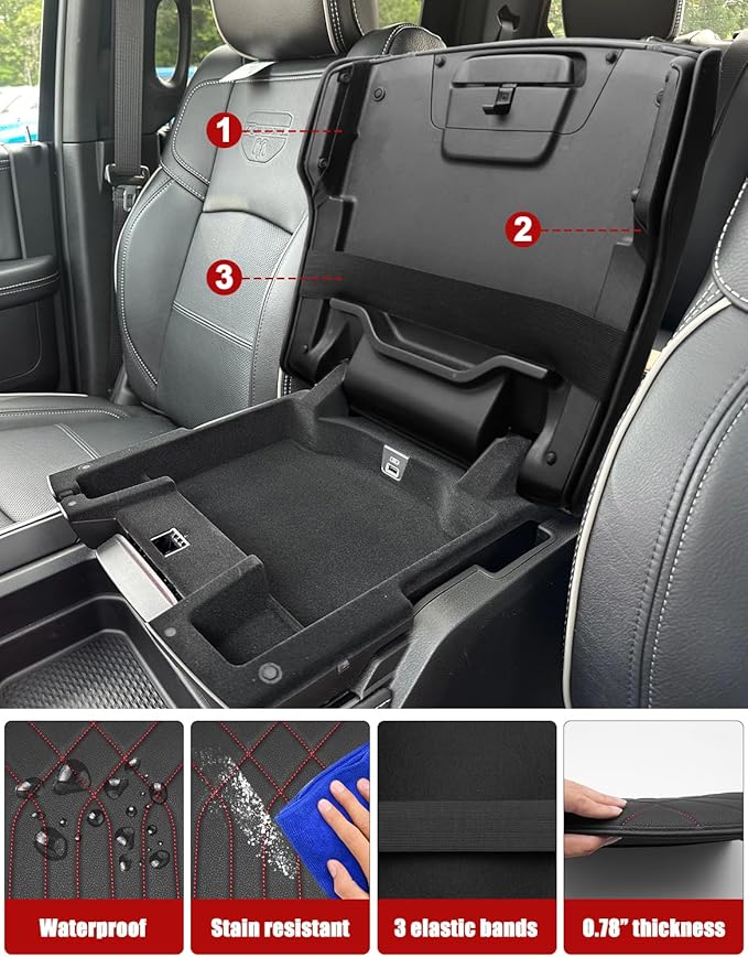 KBH Center Console Armrest Cover for 2019-2026 Dodge Ram 1500 2500 3500 5th Gen, Floor Console Bucket Seat, Arm Rest Cushion Pad Protector, Vinyl Leather, Black-Red Stitches