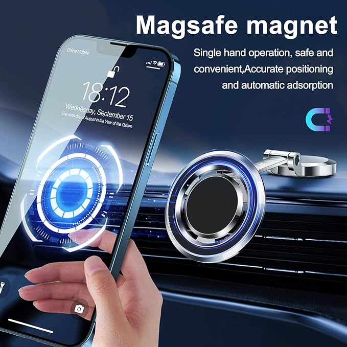 Magnetic Car Phone Holder for MagSafe, Compact and Beautiful Car Cell Phone Holder, 360° Adjustable Magnetic Car Mount, Car Magnetic Phone Mount for Iphone 16 15 14 13 12 Pro Max Plus Mini (Silver)