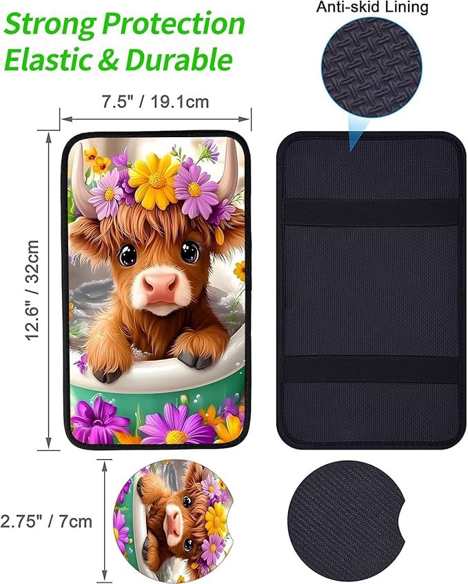 JANENFNA Car Armrest Cover Pads Universal Fashion Cute Auto Center Console Armrest Cover Pad with 2PCS Car Coasters Soft Waterproof Car Armrest Seat Protector for Women,Cow in Flower Bath