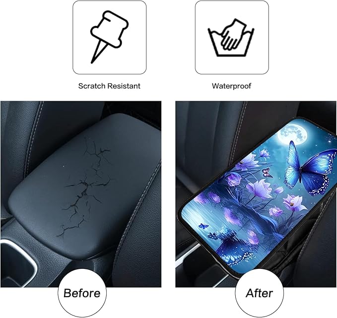 JANENFNA Car Armrest Cover Pads Universal Fashion Cute Auto Center Console Armrest Cover Pad with 2PCS Car Coasters Soft Waterproof Car Armrest Seat Protector for Women,Blue Butterfly