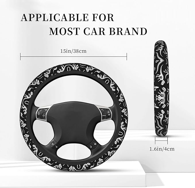 Dark-Dinosaur Skeletons Universal Fit Steering Wheel Cover for Car, Truck, and SUV, Durable Steering Wheel Protection