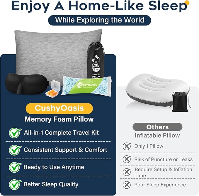 CushyOasis All-in-1 Camping Pillow Set - Shredded Memory Foam Small Travel Neck Pillow for Sleeping with Eye Mask, Earplugs & Washable Cover, Compact for Backpacking, Hiking, Airplane, Car, L Size