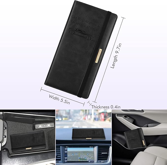 Car Registration and Insurance Holder Vehicle Glove Box Organizer Leather Car Document Holder for Driver's License, ID, Key Information Cards with Elastic Band Closure, Black