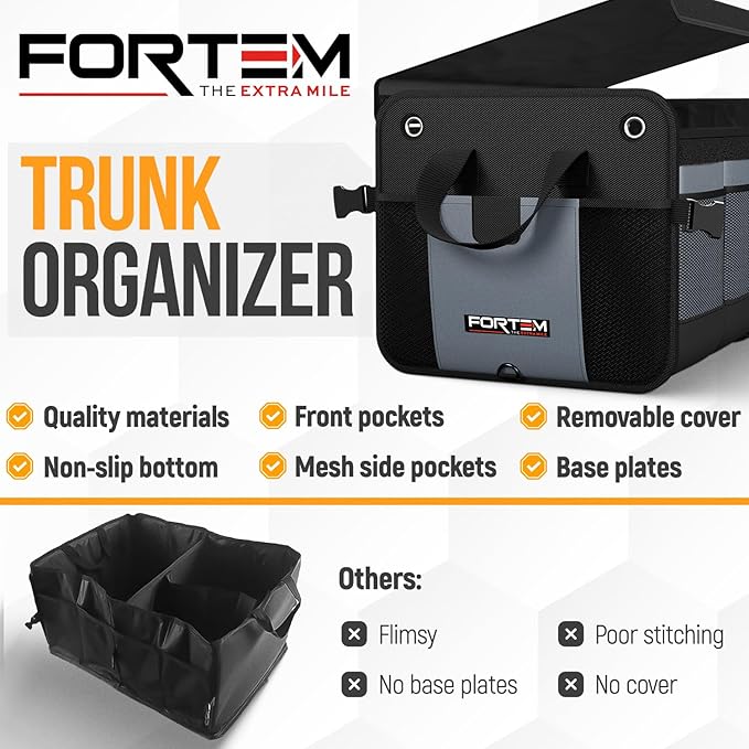 FORTEM Trunk Organizer with Cooler For SUV Car Organizer and Storage, Collapsible Multi-Compartment, Perfect Christmas Gifts For Men, Women, 1680D Oxford, Non Slip Bottom, Straps, Soft Cover 110L