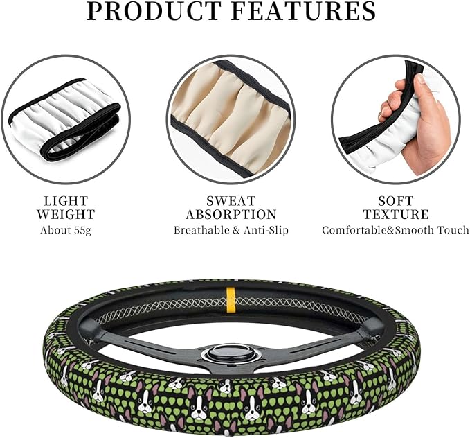 Cute Boston Terrier Neoprene Steering Wheel Covers Women Men Car Accessories, Universal 15 Inch Fit Auto, Suvs, Truck