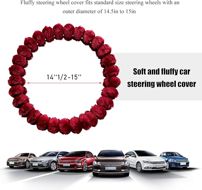 Fluffy Car Steering Wheel Cover, 14.5-15 Inches Anti-Slip Plush Fuzzy Steering Wheel Protector, Soft Warm Steering Wheel Cover Interior Decor for Women Girl, Car Accessories (Red)