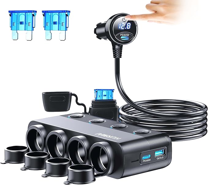 Cigarette Lighter Splitter Adapter 216W 4 Socket Heavy Duty Truck Car USB Chager Multi Port with PD30W/QC3.0 Charge USB C 12V/24V Independent Switches & Dust Cover & Waterproof for Car Devices