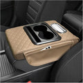 Car Center Console Armrest Pillow, 5-in-1 Armrest Cushion w/ 2 Side Bags, Tissue Box Slot, Cup & Phone Holder, Multifunctional Leather Arm Rest Cover Storage Organizer (Beige, Embroidered)