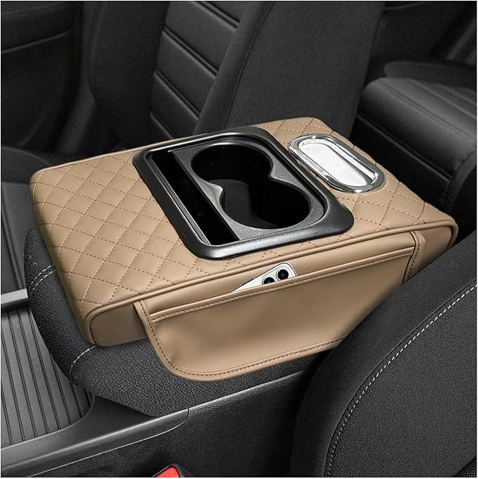 Car Center Console Armrest Pillow, 5-in-1 Armrest Cushion w/ 2 Side Bags, Tissue Box Slot, Cup & Phone Holder, Multifunctional Leather Arm Rest Cover Storage Organizer (Beige, Embroidered)