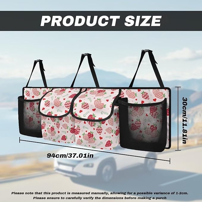 Dreaweet Strawberry Print Car Trunk Organizer for Sedan Collapsible Car Organizers and Storage with 4 Pockets Hanging Back Seat Organizer Cute Car Storage Accessories Interior for Women