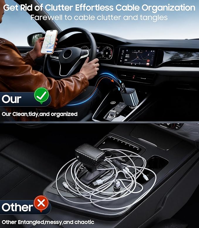 Temdan Retractable Car Charger, 4 in 1 Fast Charger USB C Car Truck Accessories, Travel Essentials for Christmas Day Gifts for Women Men, Car Accessories for iPhone 17 Pro Max Air 16 15 14 Plus,Galaxy