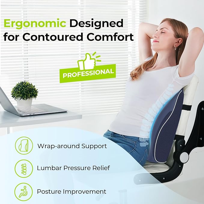 AUVON Lumbar Support Pillow for Office Chair, Lower Back Support, Ergonomic Office Home Essentials Improve Posture, Memory Foam Chair Cushion with Straps for Home, Office, Car (Blue)