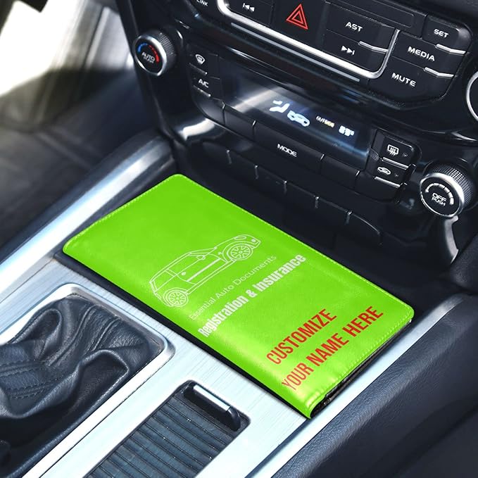 Caihoyu Custom Car Registration and Insurance Card Holder Personalized Leather Glove Box Organize Men Women Wallet Accessories Case for Cards, Essential Document Driver License Fluorescent Green