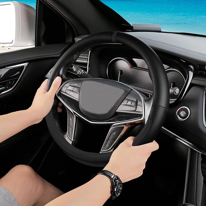 All Black Car Steering Wheel Cover, Nappa Leather, Bottom Color Blocking, Universal 14.5-15 Inch Leather Anti-Slip Breathable Auto Steering Wheel Covers for Men Women